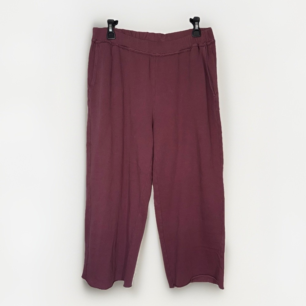 Eileen Fisher Organic Cotton Mauve Cropped Pants Raw Hem Wide Leg Medium *Flaw